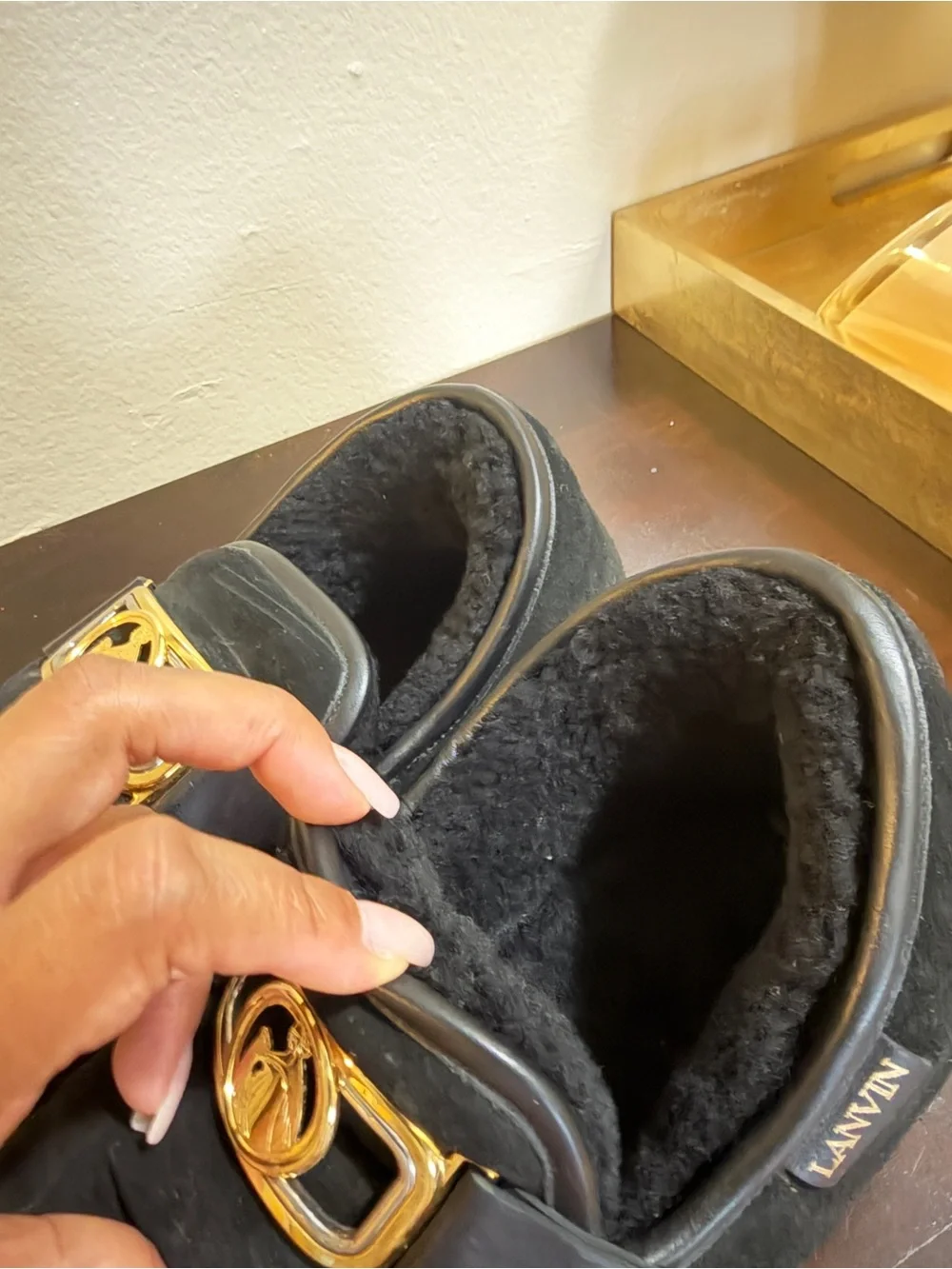 Lanvin Black Suede Slip-On Loafers with Gold Emblem and Gum Sole
